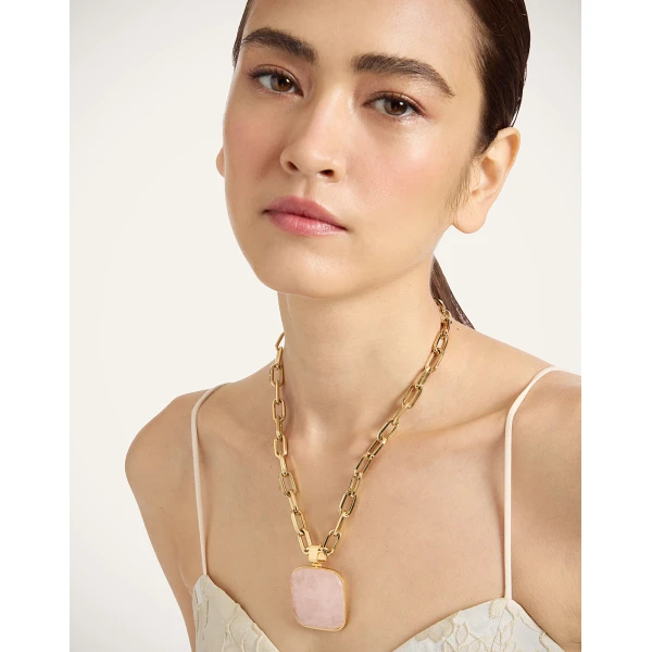 La DoubleJ Soul Pendant Necklace in 24k Gold Plate & Pink Quartz at Luxury Shoes 