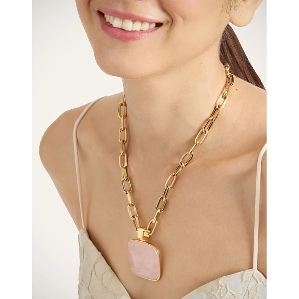La DoubleJ Soul Pendant Necklace in 24k Gold Plate & Pink Quartz at Luxury Shoes 