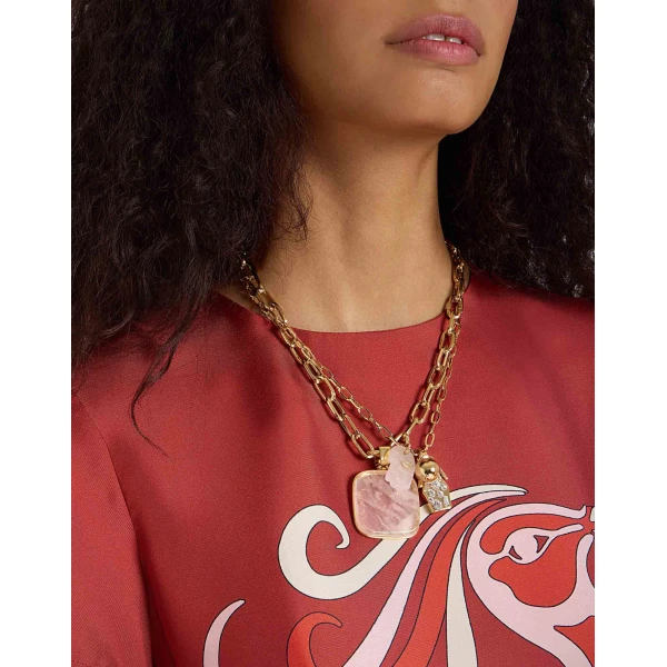 La DoubleJ Soul Pendant Necklace in 24k Gold Plate & Pink Quartz at Luxury Shoes 