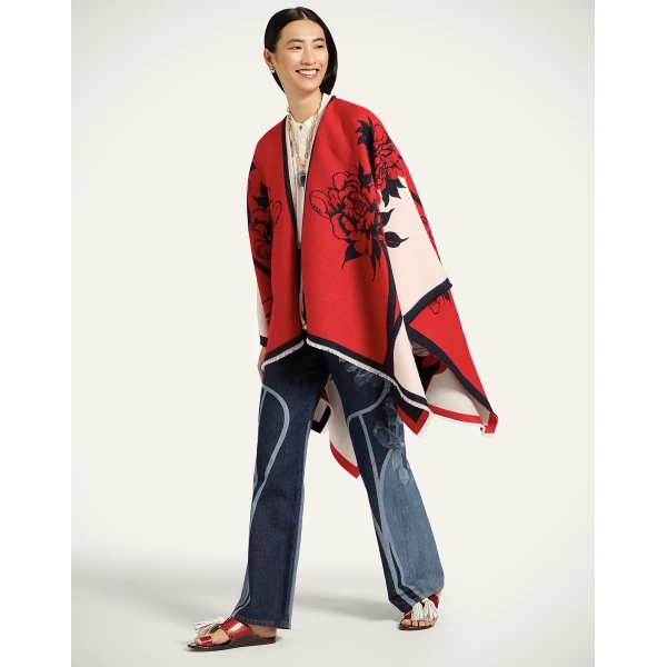La DoubleJ Soul Poncho in Queen Peony Red Jacket, view 2
