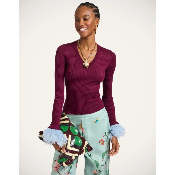 La DoubleJ V-Neck High Kick Top in Burgandy, view 4