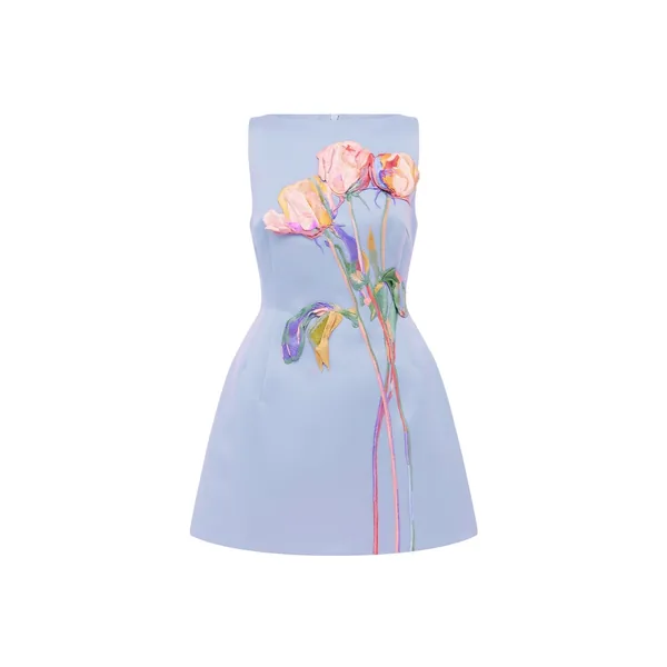 Ali Embroidered Boat Neck Mini Dress in Rose in Periwinkle
