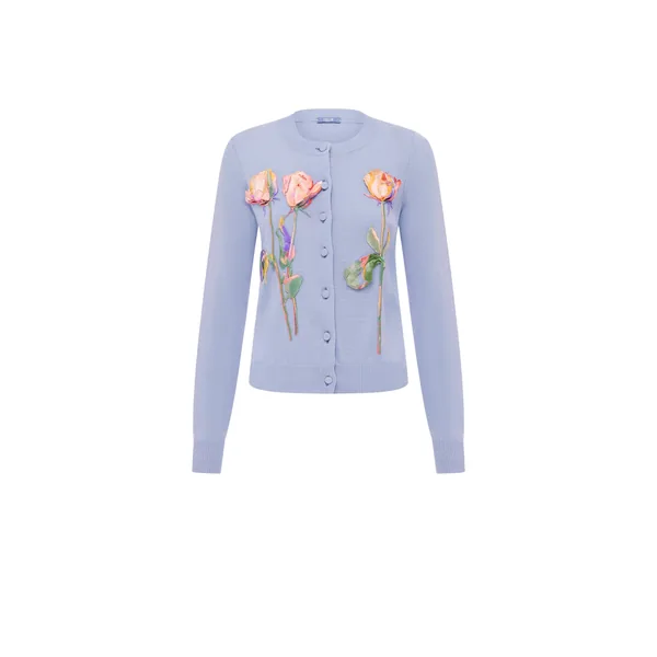Claire Embroidered Knit Cardigan in Rose in Periwinkle