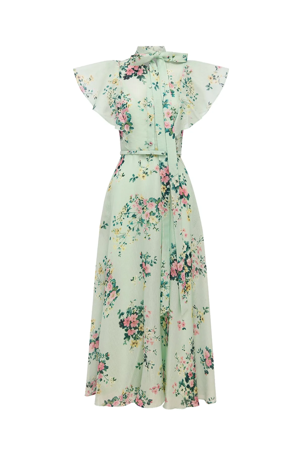 Elsie Flutter Sleeve Midi Dress in Posy Print in Mint