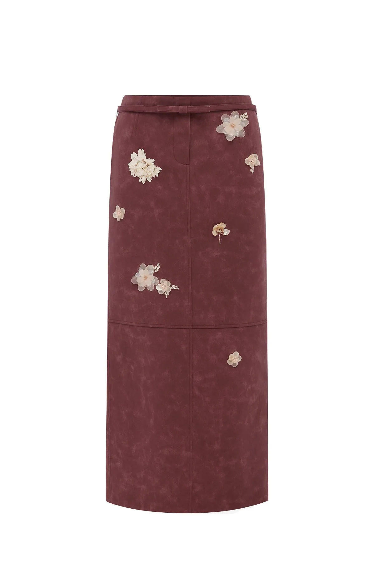 Saskia Embellished Vegan Suede Maxi Skirt in Mahogany