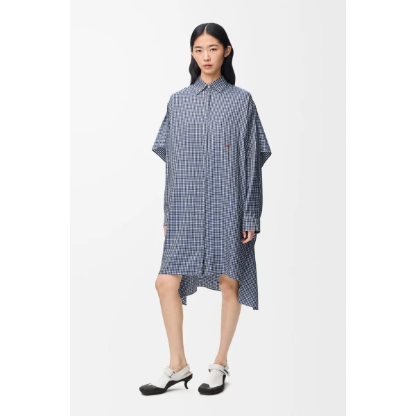 Cape Dress in Silk, Blue and White - Image 2