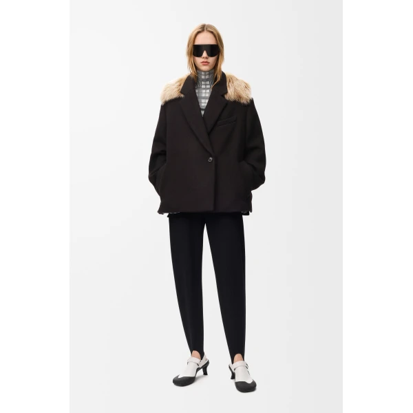 Double-Breasted Short Coat in Wool and Cashmere, Black - Image 2