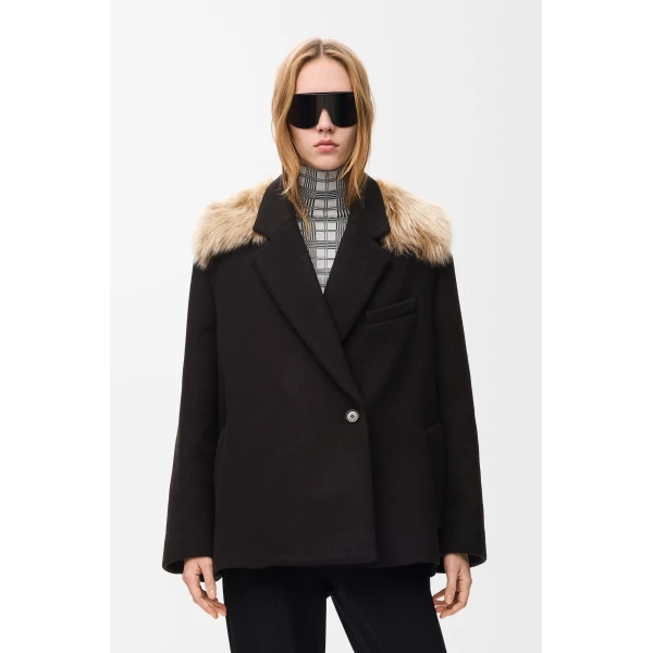 Double-Breasted Short Coat in Wool and Cashmere, Black - Image 3