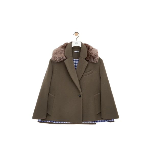 Double-Breasted Short Coat in Wool and Cashmere, Taupe Grey