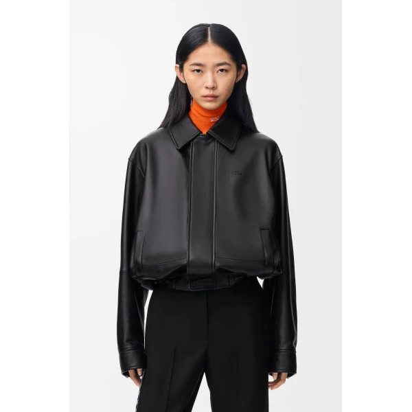 Drawstring Jacket in Nappa Lambskin, Black - Image 3