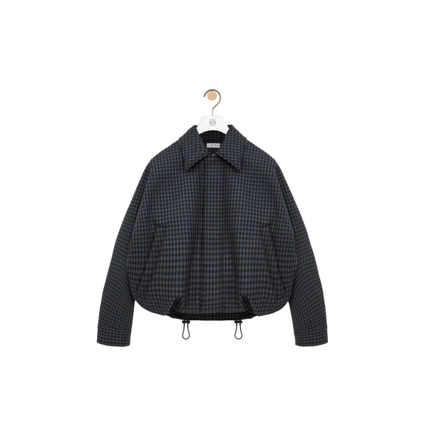 Drawstring Jacket in Wool, Blue and Black
