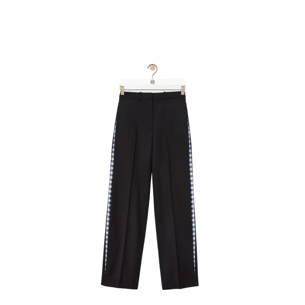 Gingham Pleat Trousers in Wool, Black