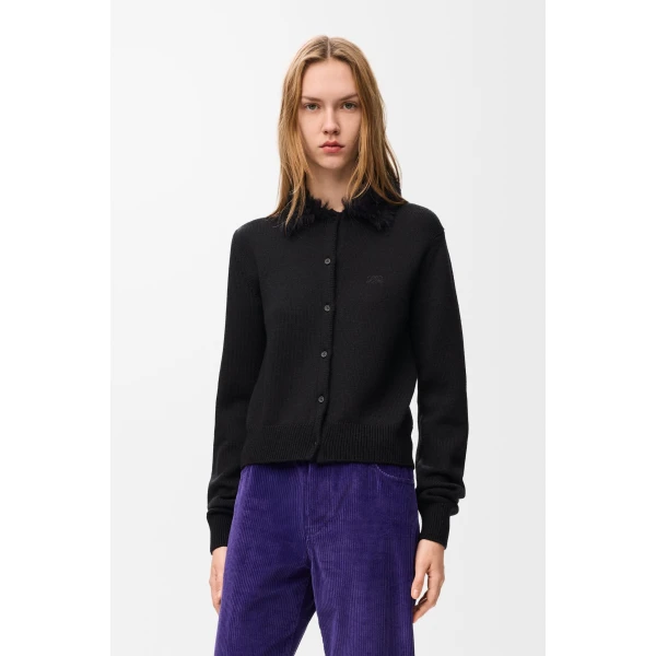 Hairy Collar Cardigan in Wool, Black - Image 3
