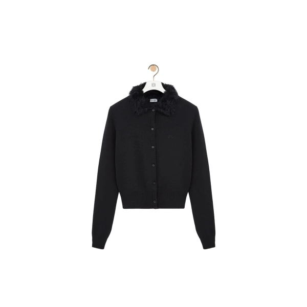 Hairy Collar Cardigan in Wool, Black