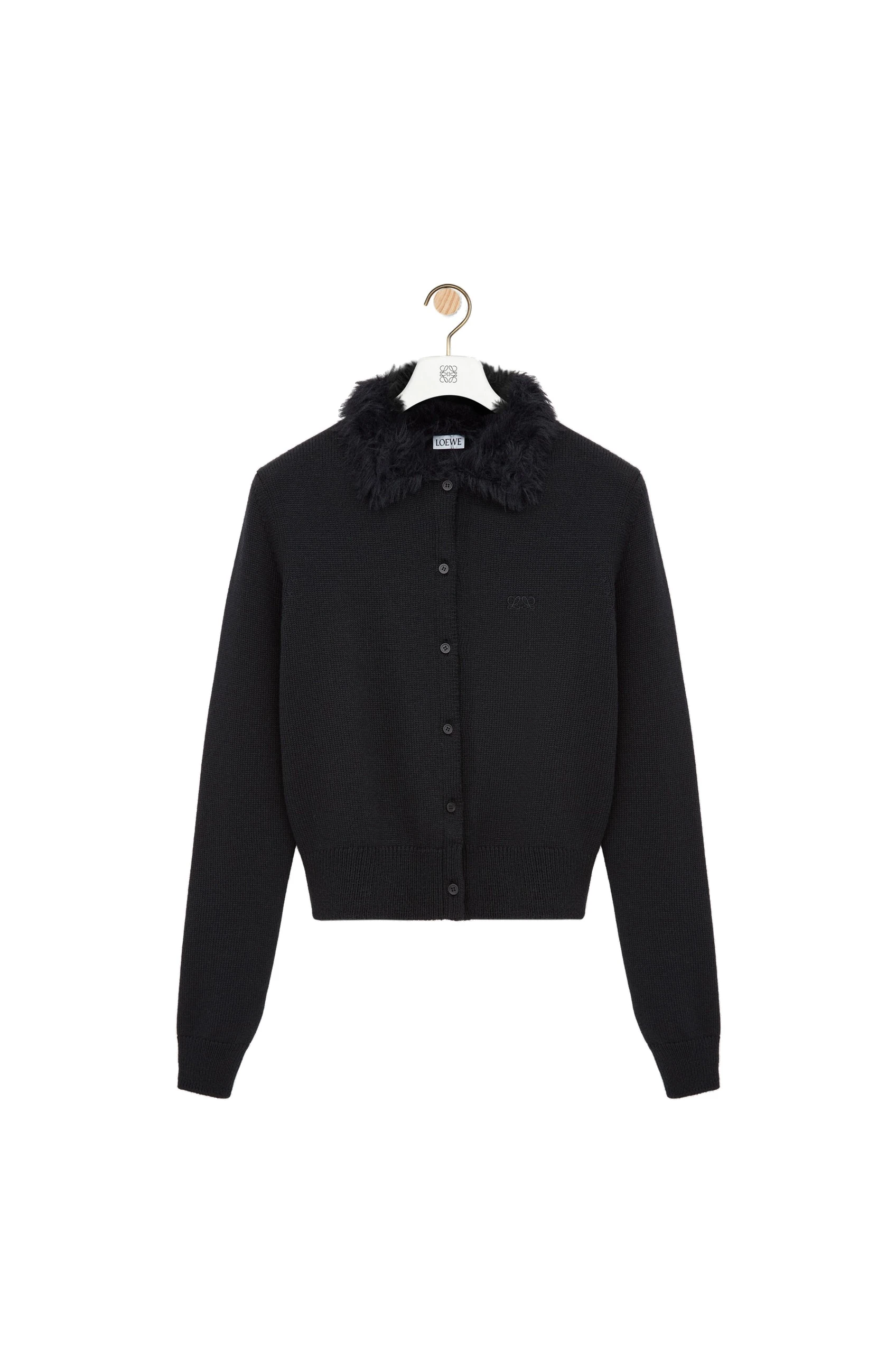 Loewe Hairy Collar Cardigan in Wool, Black | Knitwear | Luxury Shoes Loewe Hairy Collar Cardigan in Wool, Black | Knitwear | Luxury Shoes