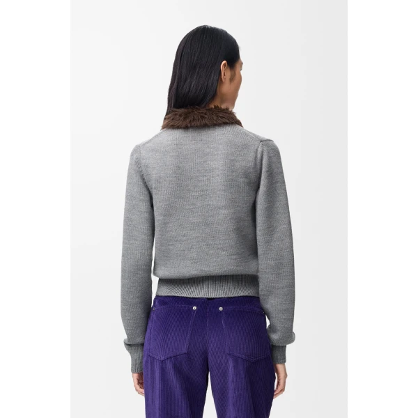 Hairy Collar Cardigan in Wool, Grey - Image 4