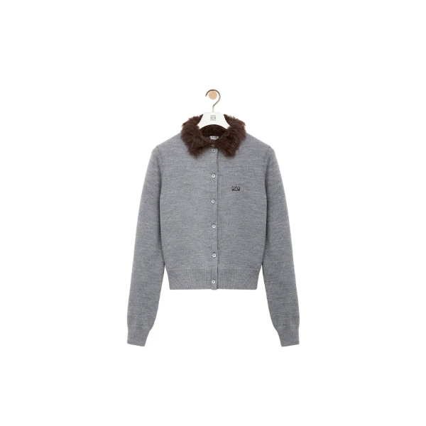Loewe Hairy Collar Cardigan in Wool, Grey | Knitwear | Luxury Shoes 