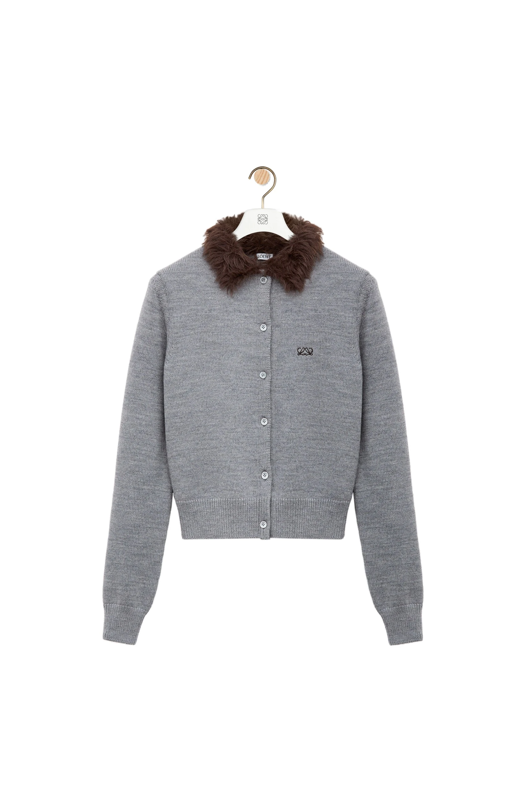 Loewe Hairy Collar Cardigan in Wool, Grey | Knitwear | Luxury Shoes Loewe Hairy Collar Cardigan in Wool, Grey | Knitwear | Luxury Shoes