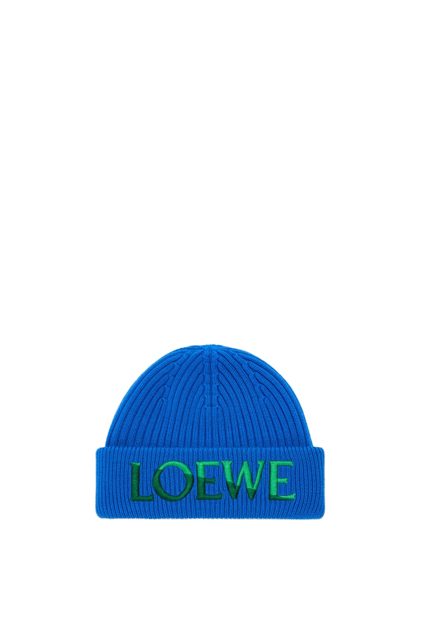 Loewe Logo Beanie in Wool, Blue and Green | Accessories | Luxury Shoes Loewe Logo Beanie in Wool, Blue and Green | Accessories | Luxury Shoes
