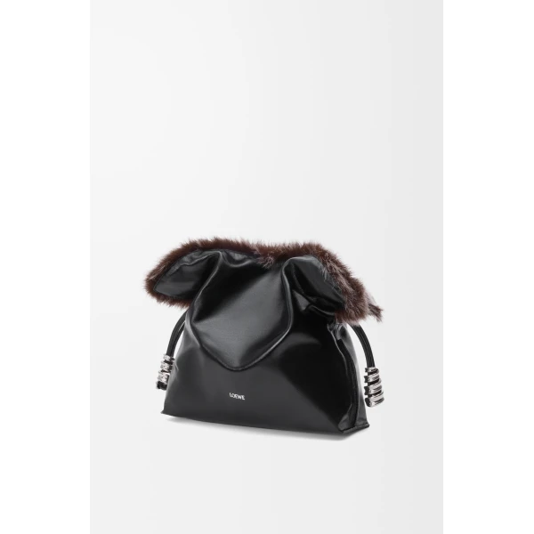 Medium Flamenco Clutch in Glossy Lambskin and Shearling, Black - Image 5