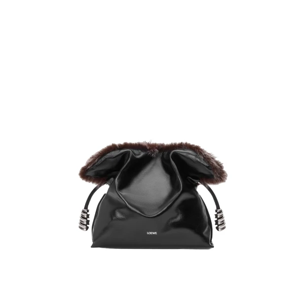 Loewe Medium Flamenco Clutch in Glossy Lambskin and Shearling, Black | Bags | Luxury Shoes 