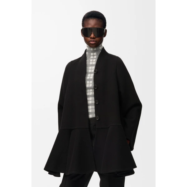 Peplum Short Coat in Wool and Cashmere, Black - Image 3