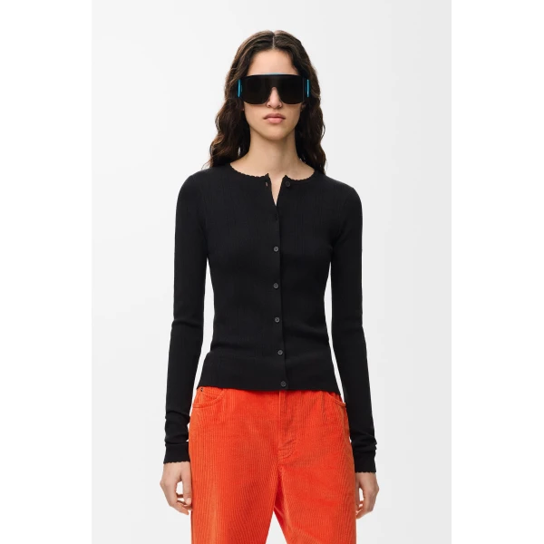 Pointelle Cardigan in Wool, Black - Image 3