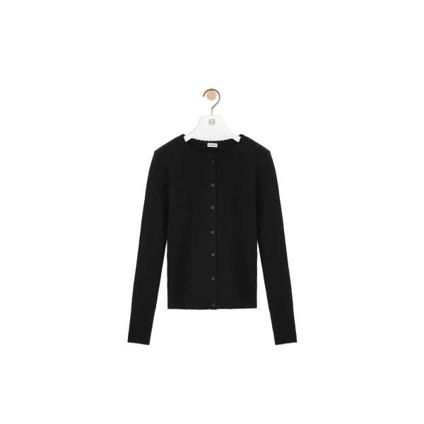 Loewe Pointelle Cardigan in Wool, Black | Knitwear | Luxury Shoes 