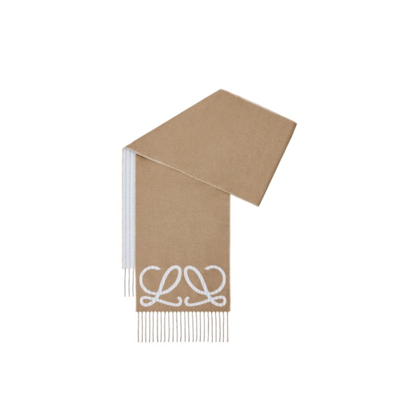 Loewe Scarf in Silk and Cashmere, Beige and Light Blue | Accessories | Luxury Shoes 