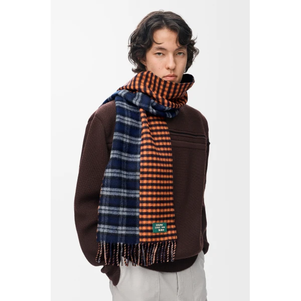 Scarf in Wool and Cashmere Blend, Navy Blue and Orange - Image 2