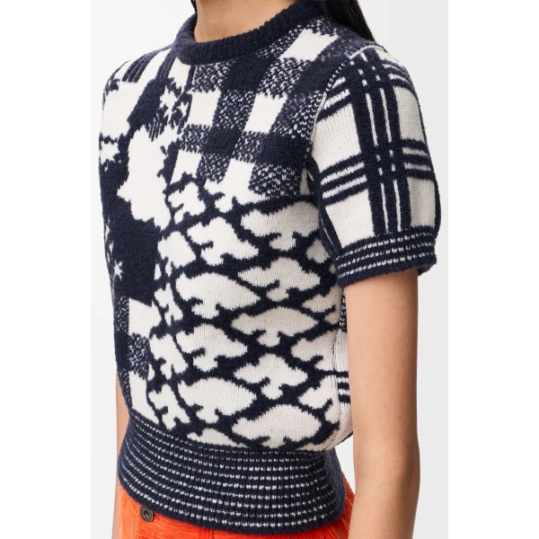 Short Sleeve Sweater in Wool, Navy and White - Image 5