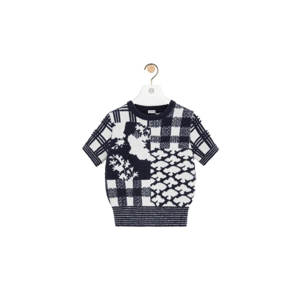 Loewe Short Sleeve Sweater in Wool, Navy and White | Knitwear | Luxury Shoes 