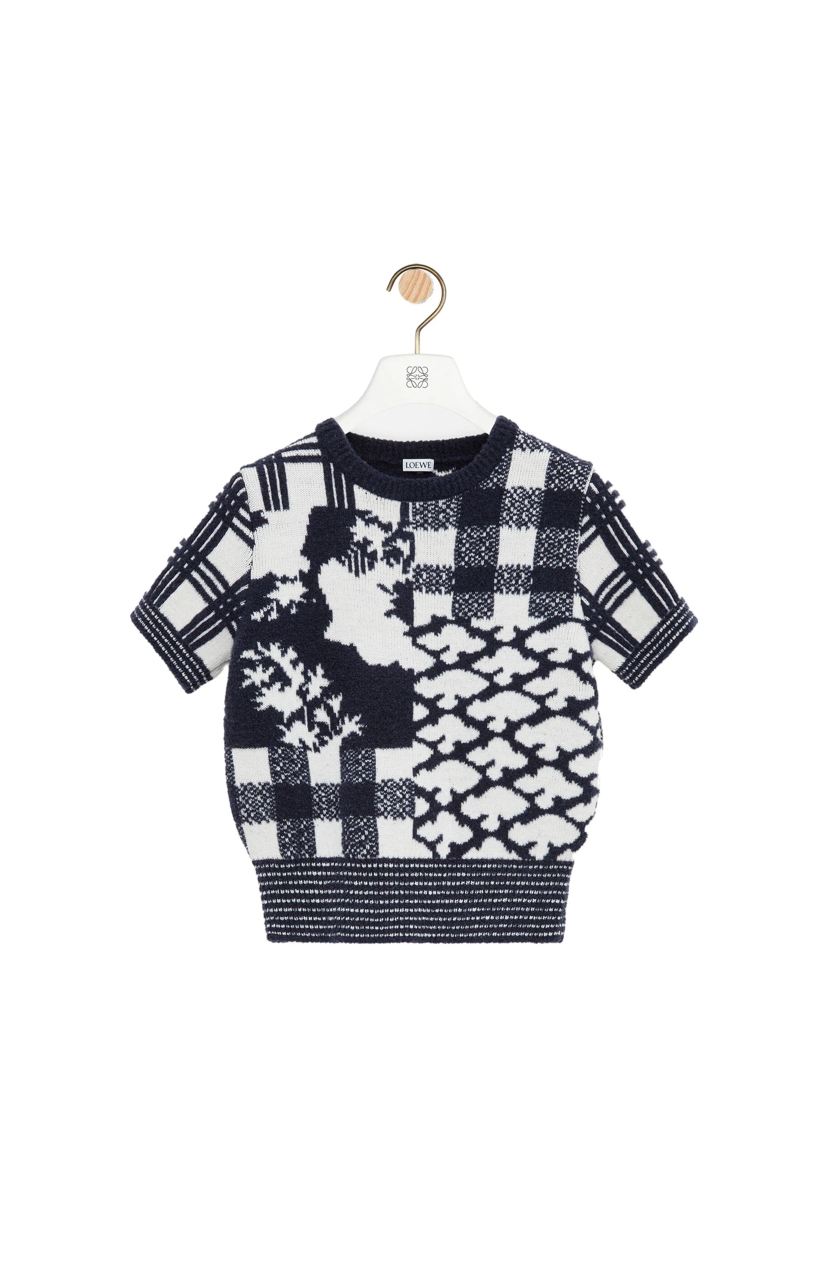 Loewe Short Sleeve Sweater in Wool, Navy and White | Knitwear | Luxury Shoes Loewe Short Sleeve Sweater in Wool, Navy and White | Knitwear | Luxury Shoes