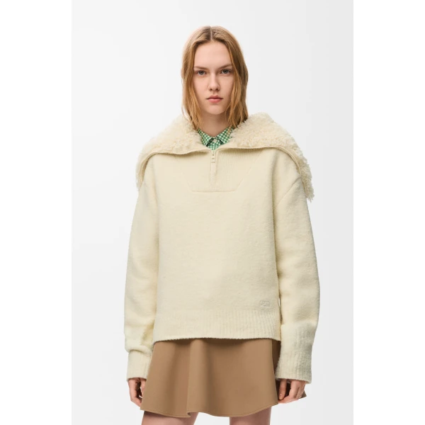 Zip-up Sweater in Wool Blend, Ecru - Image 3