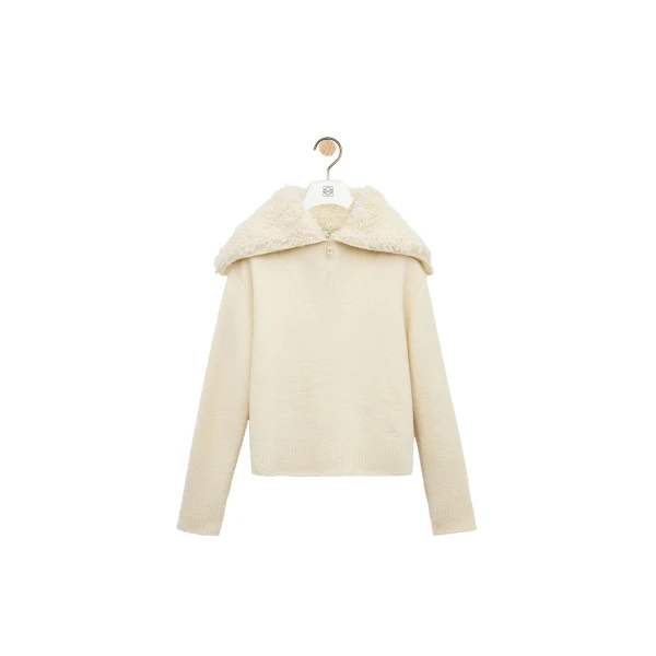 Zip-up Sweater in Wool Blend, Ecru