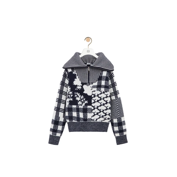 Zip-up Sweater in Wool, Navy and White