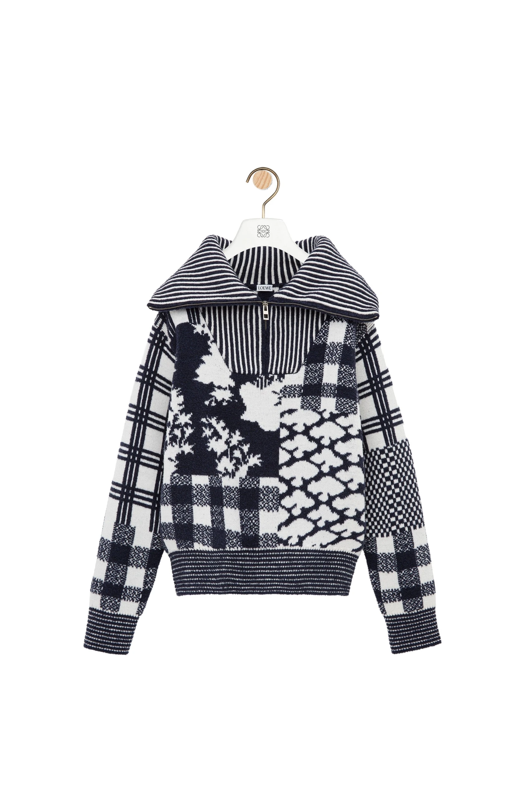 Loewe Zip-up Sweater in Wool, Navy and White | Knitwear | Luxury Shoes Loewe Zip-up Sweater in Wool, Navy and White | Knitwear | Luxury Shoes