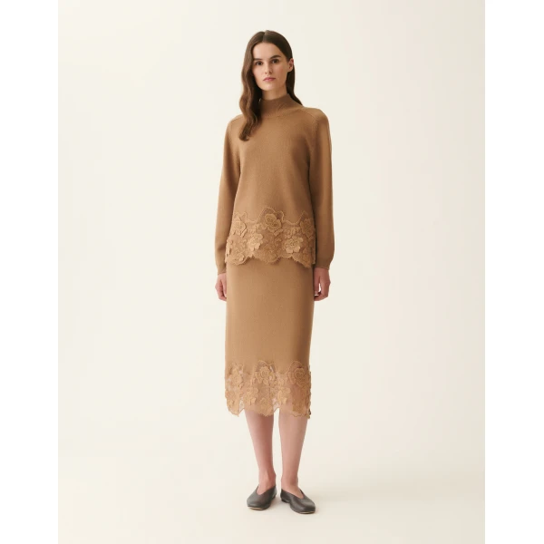 Fabiana Filippi Platinum Sweater with Lace Hem in Rattan