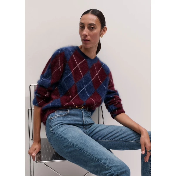 ME+EM Argyle Relaxed Jumper in Bright Navy/Merlot Red, view 2 | Sweaters | Luxury Shoes 