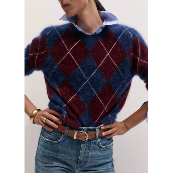ME+EM Argyle Relaxed Jumper in Bright Navy/Merlot Red, view 3 | Sweaters | Luxury Shoes 