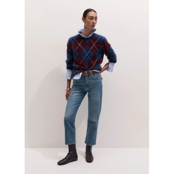 ME+EM Argyle Relaxed Jumper in Bright Navy/Merlot Red, view 4 | Sweaters | Luxury Shoes 