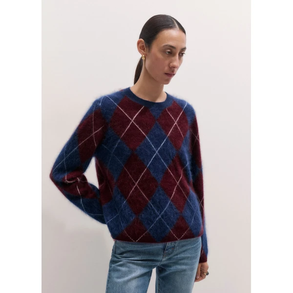 ME+EM Argyle Relaxed Jumper in Bright Navy/Merlot Red, view 6 | Sweaters | Luxury Shoes 
