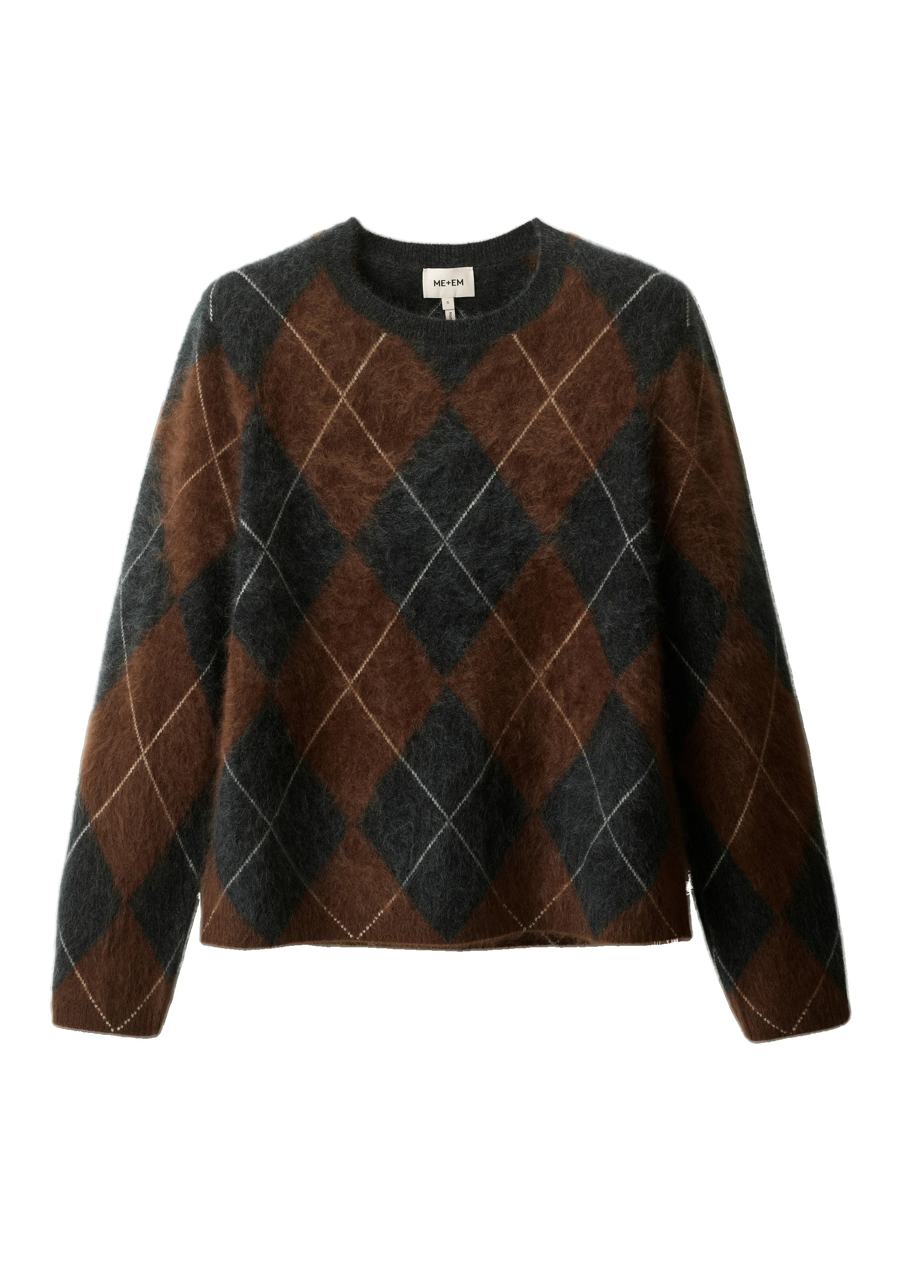 ME+EM Argyle Relaxed Jumper in Pecan Brown Mélange/Charcoal | Knitwear | Luxury Shoes ME+EM Argyle Relaxed Jumper in Pecan Brown Mélange/Charcoal