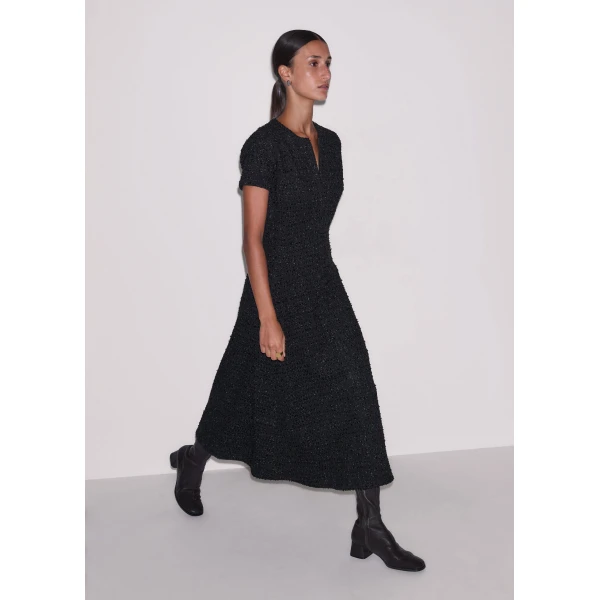 ME+EM Bouclé Jersey Fit + Flare Midi Dress in Black, view 2 | Midi Dresses | Luxury Shoes 