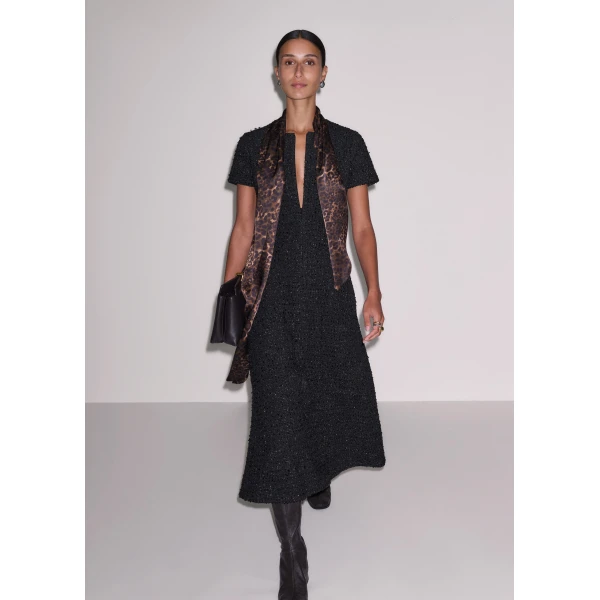 ME+EM Bouclé Jersey Fit + Flare Midi Dress in Black, view 4 | Midi Dresses | Luxury Shoes 