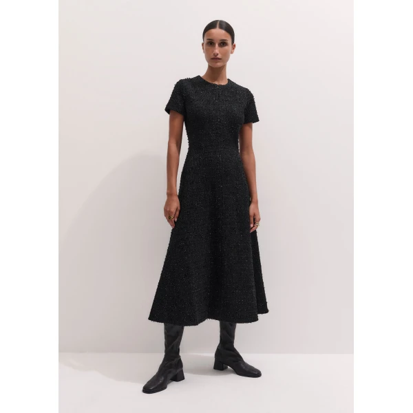 ME+EM Bouclé Jersey Fit + Flare Midi Dress in Black, view 6 | Midi Dresses | Luxury Shoes 