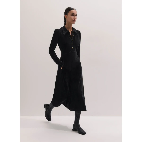 ME+EM Cord Velour Fit + Flare Midi Dress in Black, view 2 | Midi Dresses | Luxury Shoes 