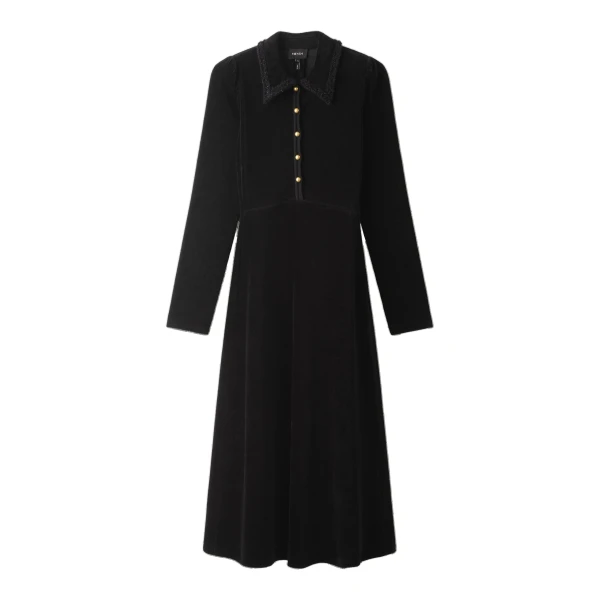 ME+EM Cord Velour Fit + Flare Midi Dress in Black | Midi Dresses | Luxury Shoes 