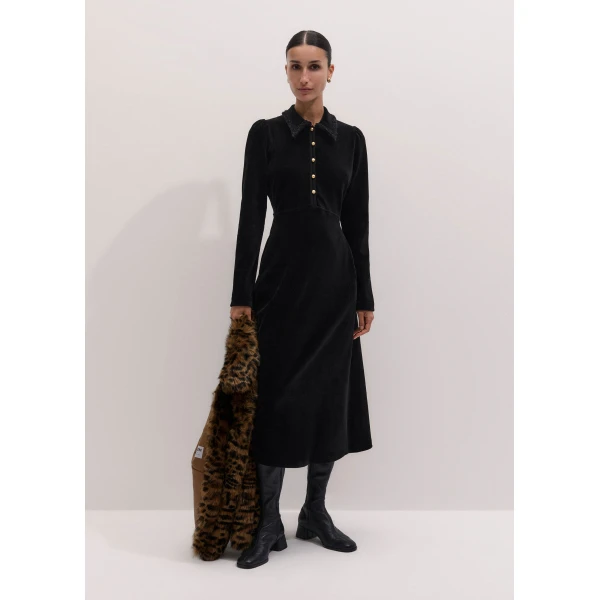 ME+EM Cord Velour Fit + Flare Midi Dress in Black, view 3 | Midi Dresses | Luxury Shoes 