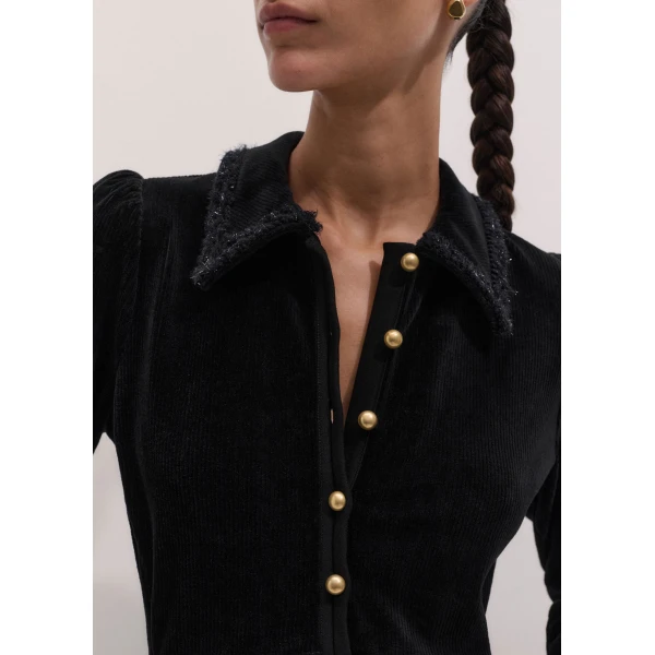 ME+EM Cord Velour Fit + Flare Midi Dress in Black, view 4 | Midi Dresses | Luxury Shoes 